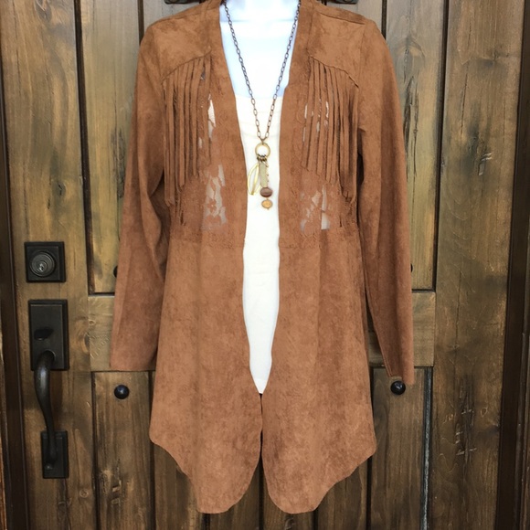 Vocal Jackets & Blazers - Vocal Boho Brown Faux Suede Fringe Lace Jacket S